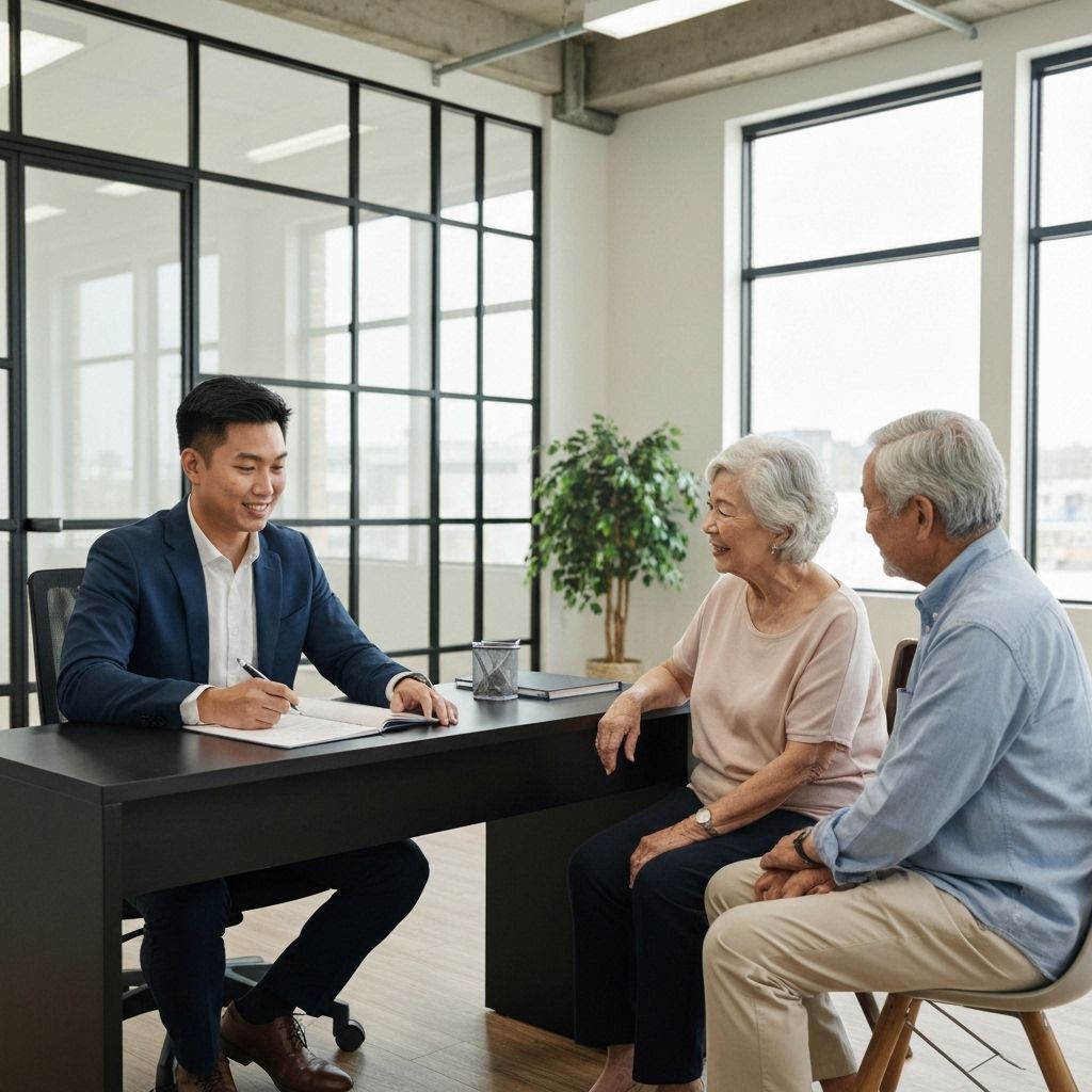Insurance agent helping senior couple